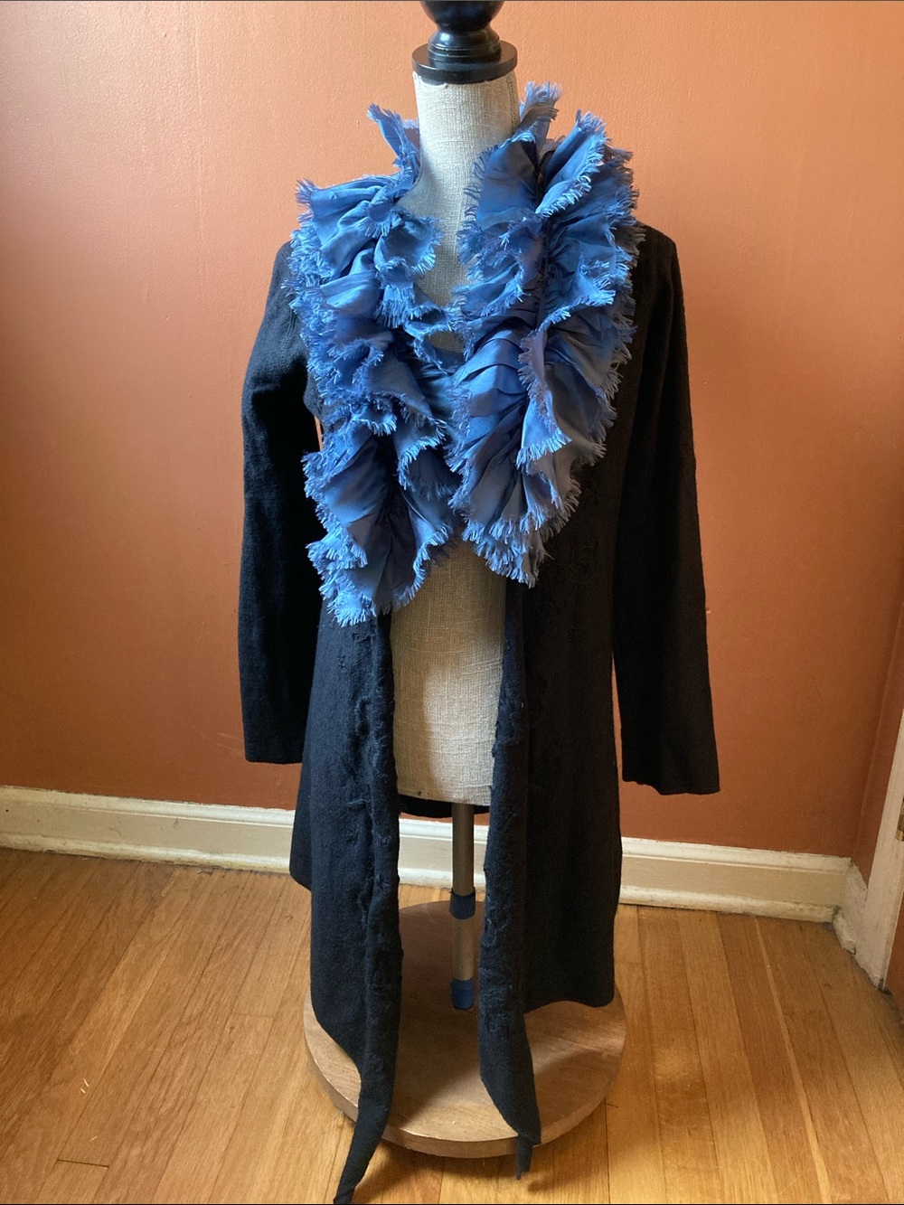 Peoria Emporium Black Wool Cardigan with Dusty Blue Ruffles